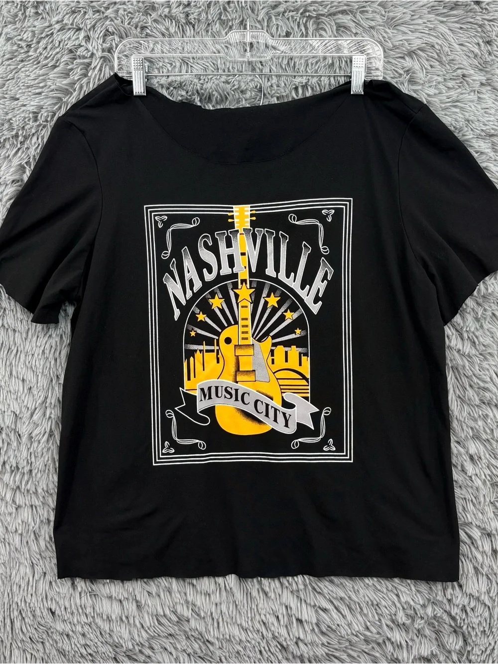 Nashville Music City Graphic Shirt Womens XL Black Cropped Boxy Raw Hems Slouch